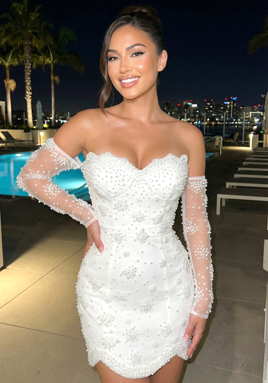 Strapless Pearl Bustier Dress White