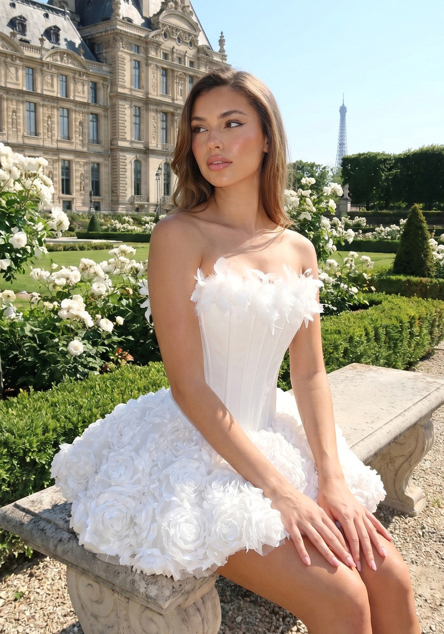 Strapless Petal Floral Corset A Line Dress White