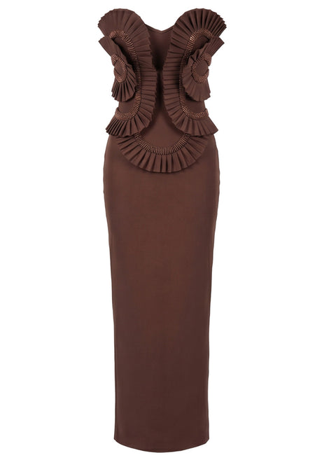 Strapless Pleated Detail Maxi Dress Brown