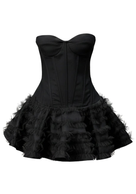 Strapless Ruffle Corset Skater Dress Black