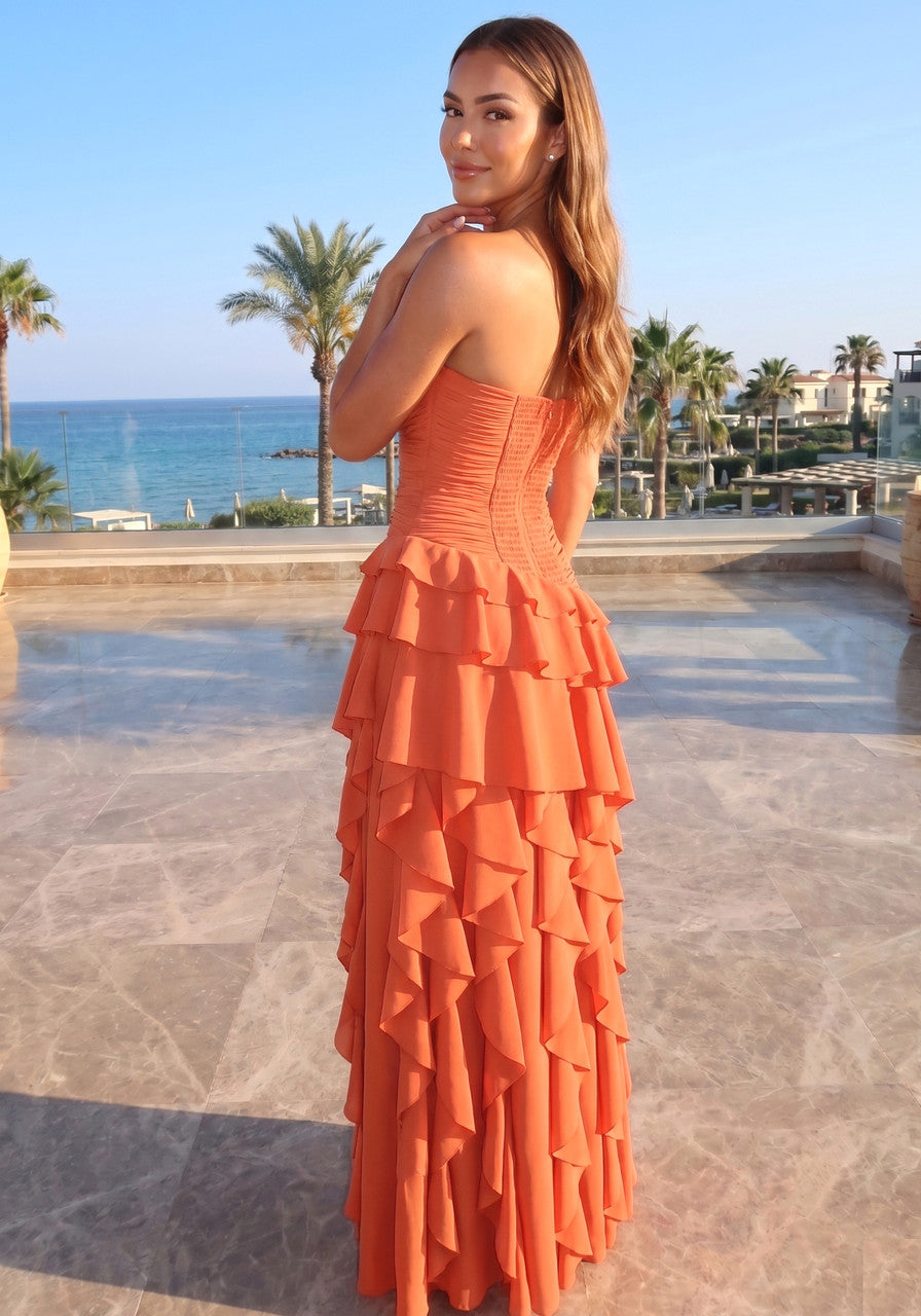 Strapless Ruffle Maxi Dress Orange