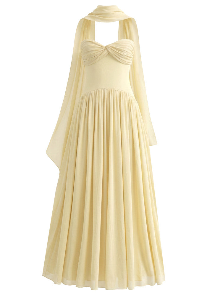 Strapless Scarf A Line Maxi Dress Yellow