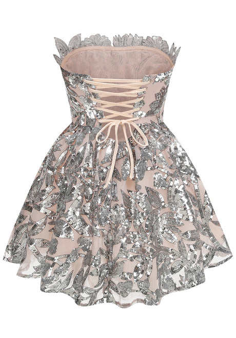 Strapless Floral Sequin A Line Corset Dress Silver