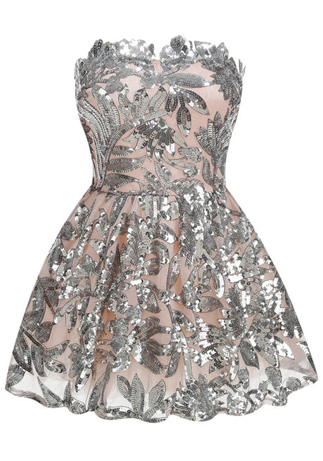 Strapless Floral Sequin A Line Corset Dress Silver