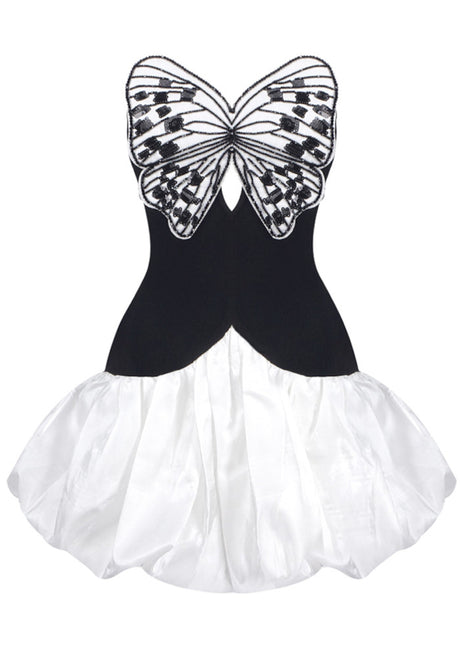 Strapless Sequin Butterfly Puff Dress Black White