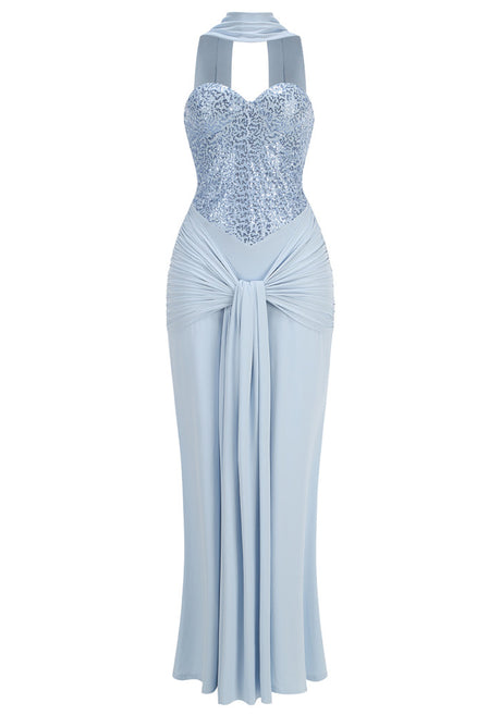 Strapless Sequin Draped Maxi Dress Blue