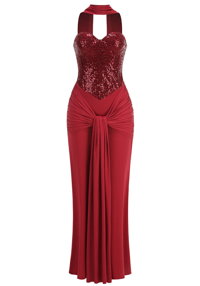 Strapless Sequin Draped Maxi Dress Red