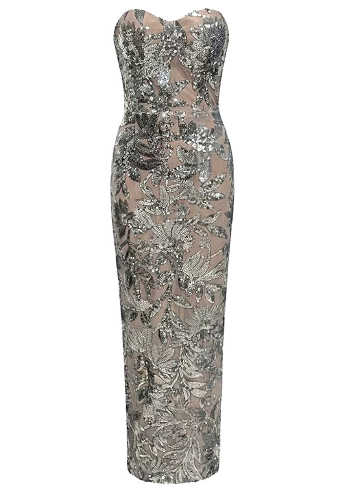 Strapless Sequin Floral Maxi Dress Silver