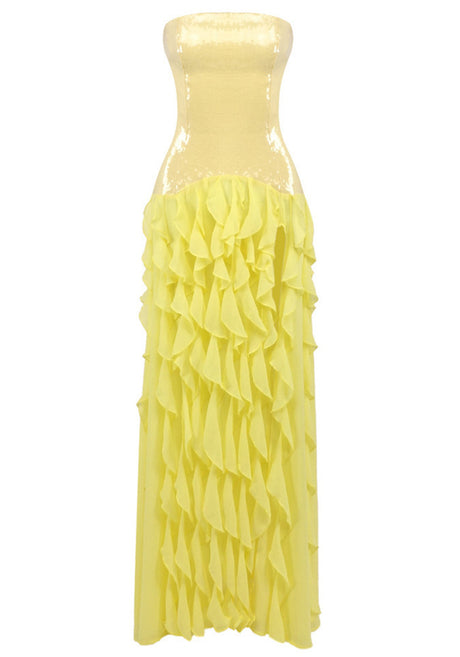 Strapless Sequin Ruffle Maxi Dress Yellow
