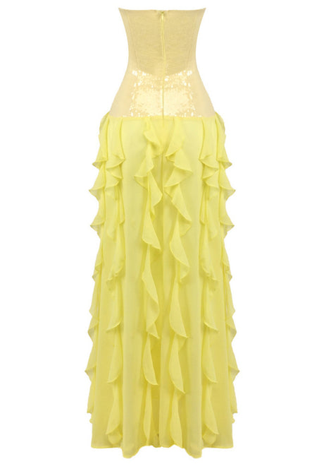 Strapless Sequin Ruffle Maxi Dress Yellow