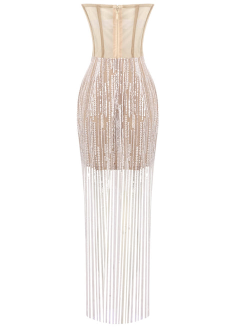 Strapless Sequin Tassel Maxi Dress Nude