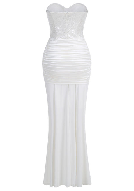 Strapless Sparkly Bustier Draped Maxi Dress White