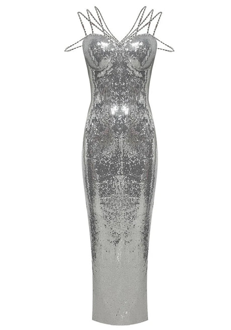 Strappy Bustier Sequin Maxi Dress Silver