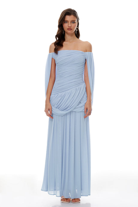 Aurohaya Suné Blue Cross Front Ruched Maxi Dress
