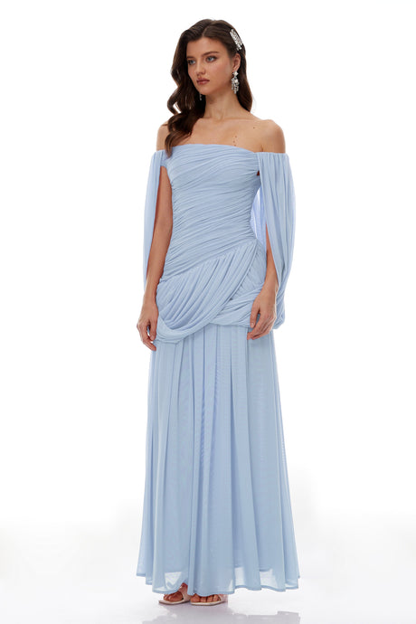 Aurohaya Suné Blue Cross Front Ruched Maxi Dress