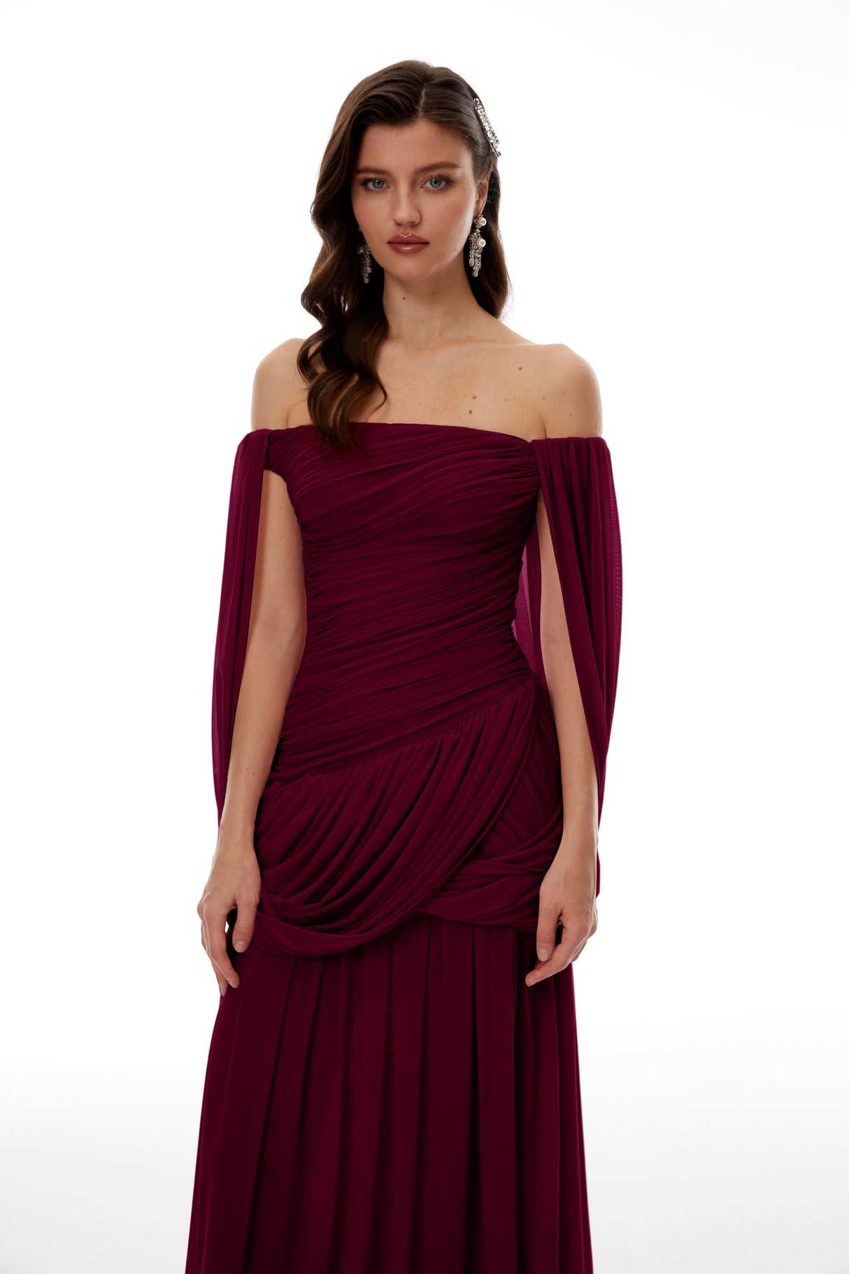 Aurohaya Suné Red Cross Front Ruched Maxi Dress
