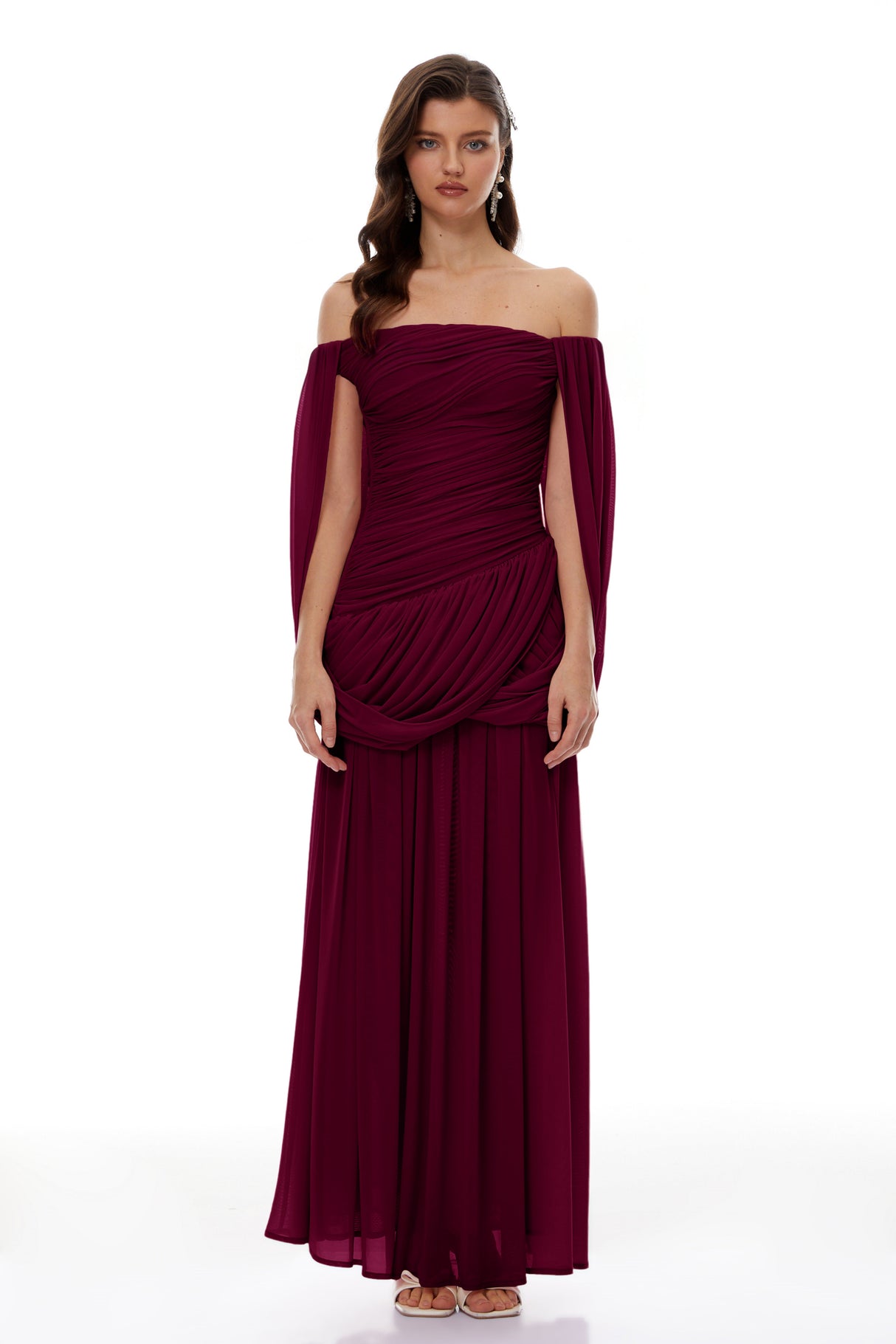 Aurohaya Suné Red Cross Front Ruched Maxi Dress