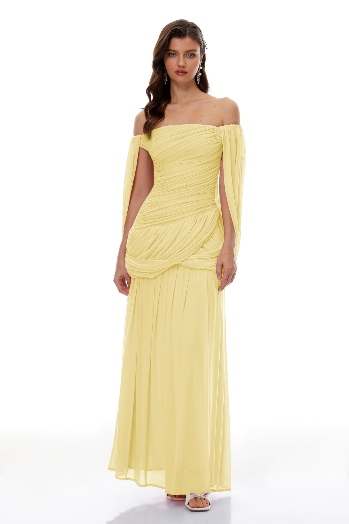Aurohaya Suné Yellow Cross Front Ruched Maxi Dress