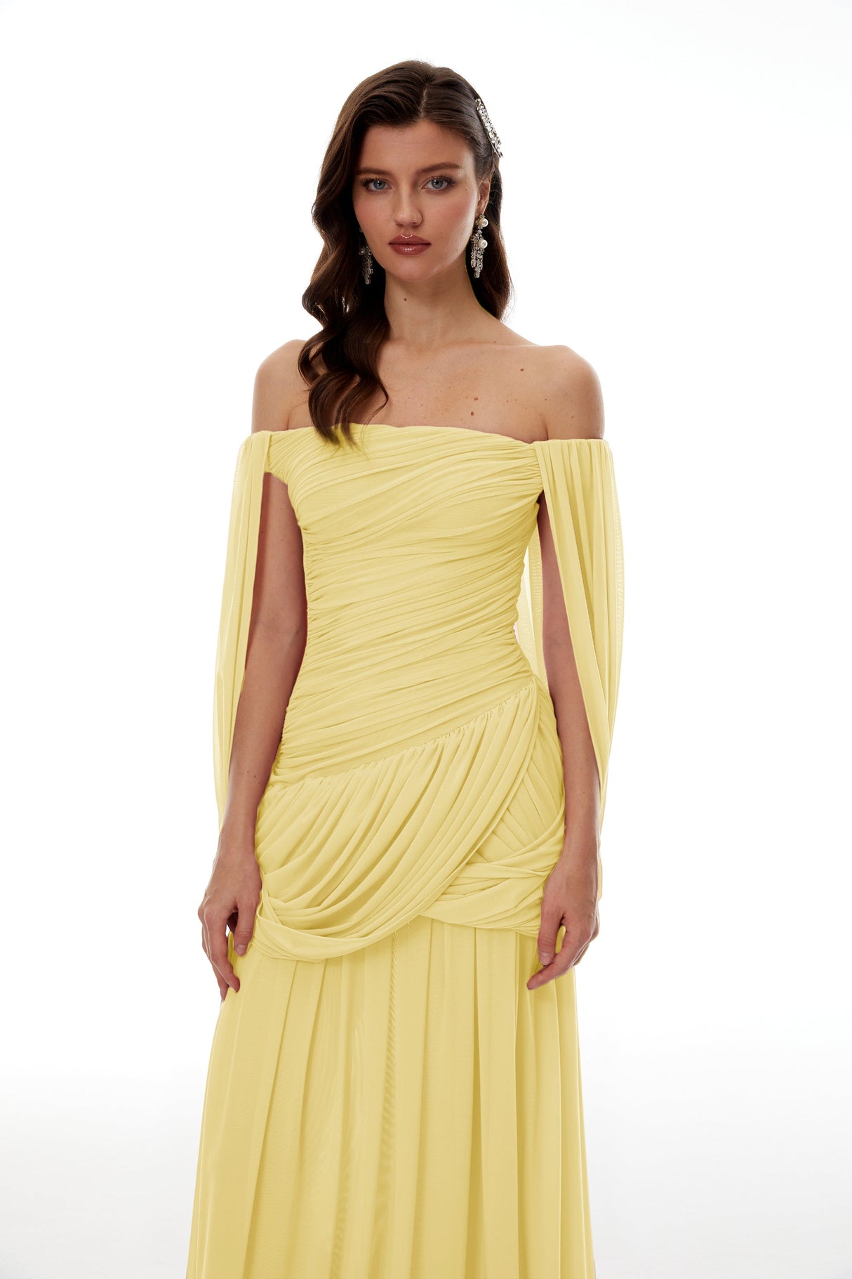 Aurohaya Suné Yellow Cross Front Ruched Maxi Dress