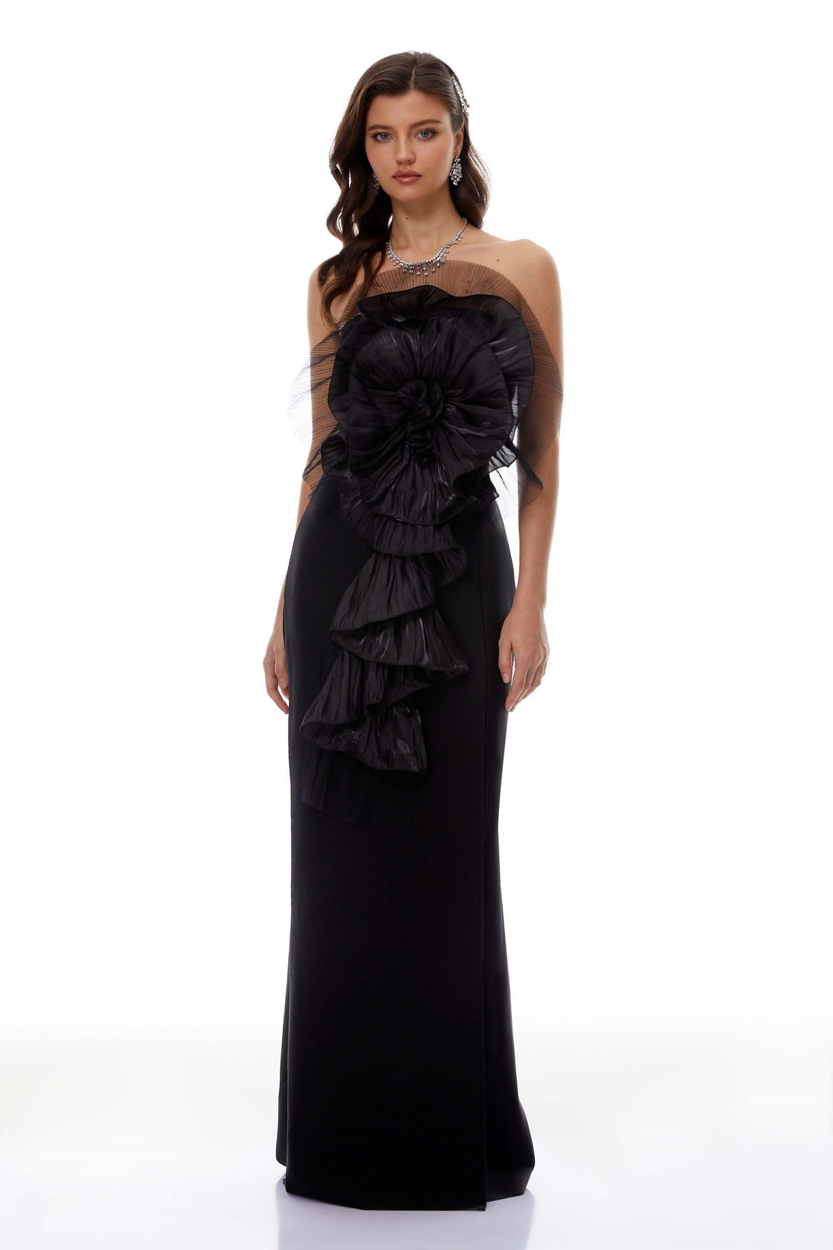 Aurohaya Susanne Black 3D Petal Ruffled Maxi Dress