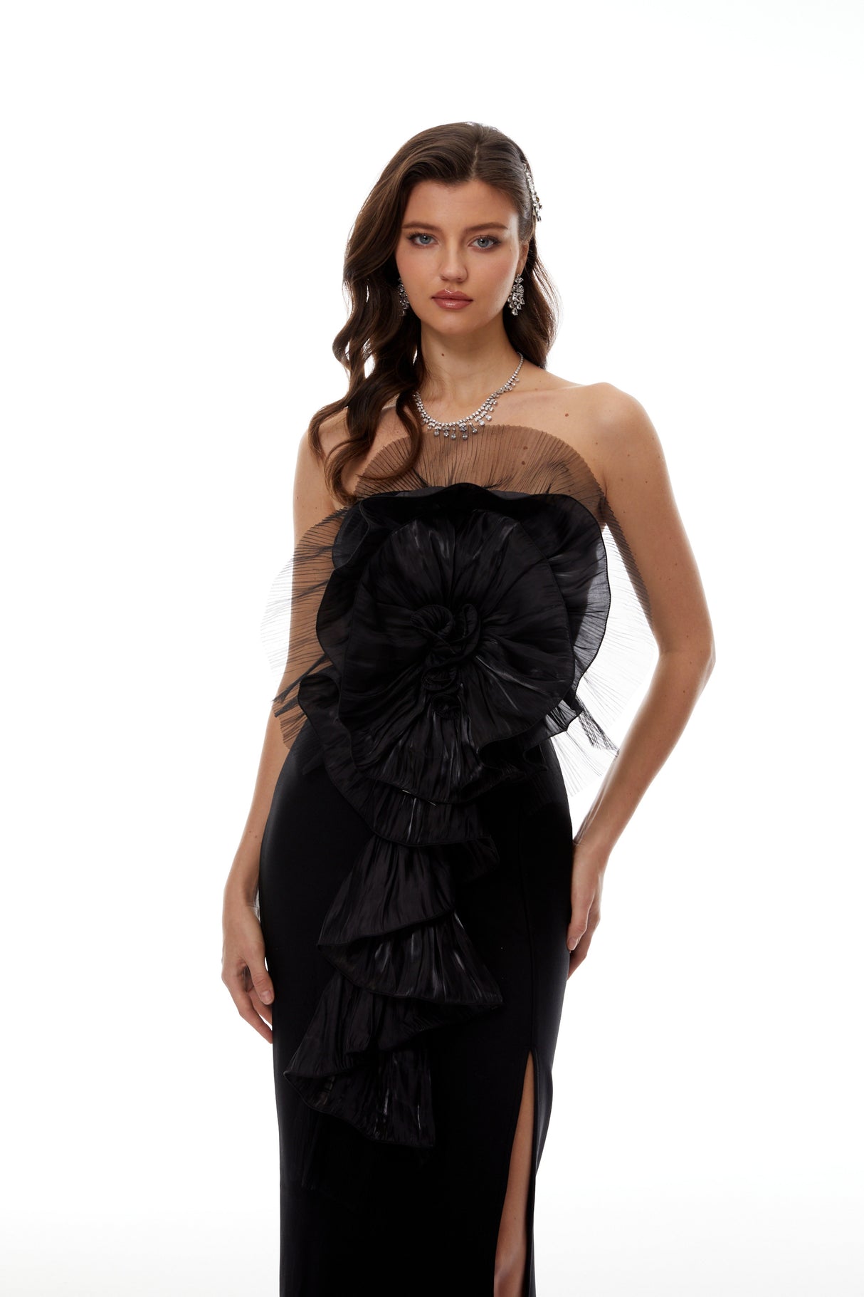 Aurohaya Susanne Black 3D Petal Ruffled Maxi Dress
