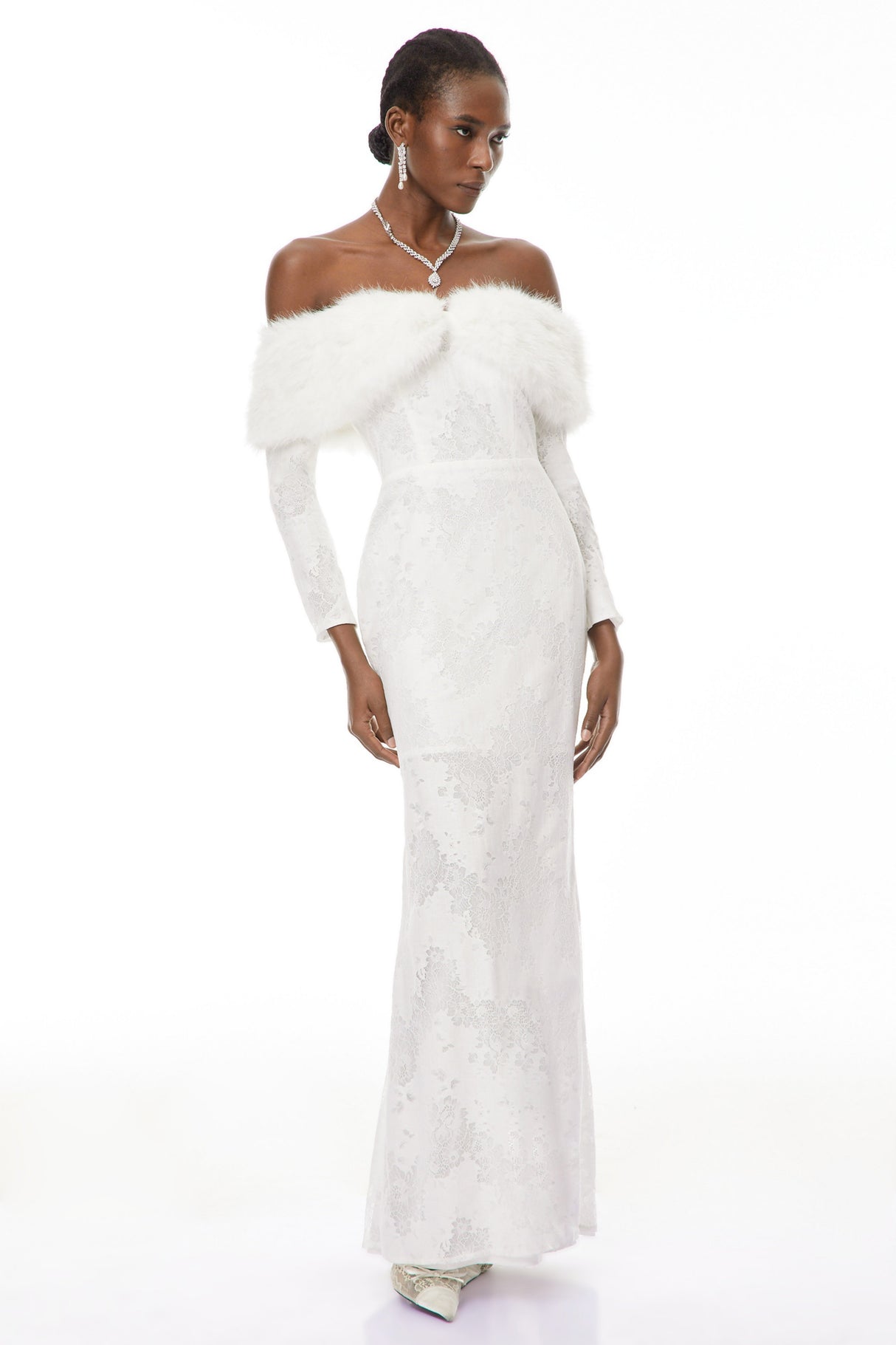 Aurohaya Susanne White Fur Trim Floral Lace Maxi Dress