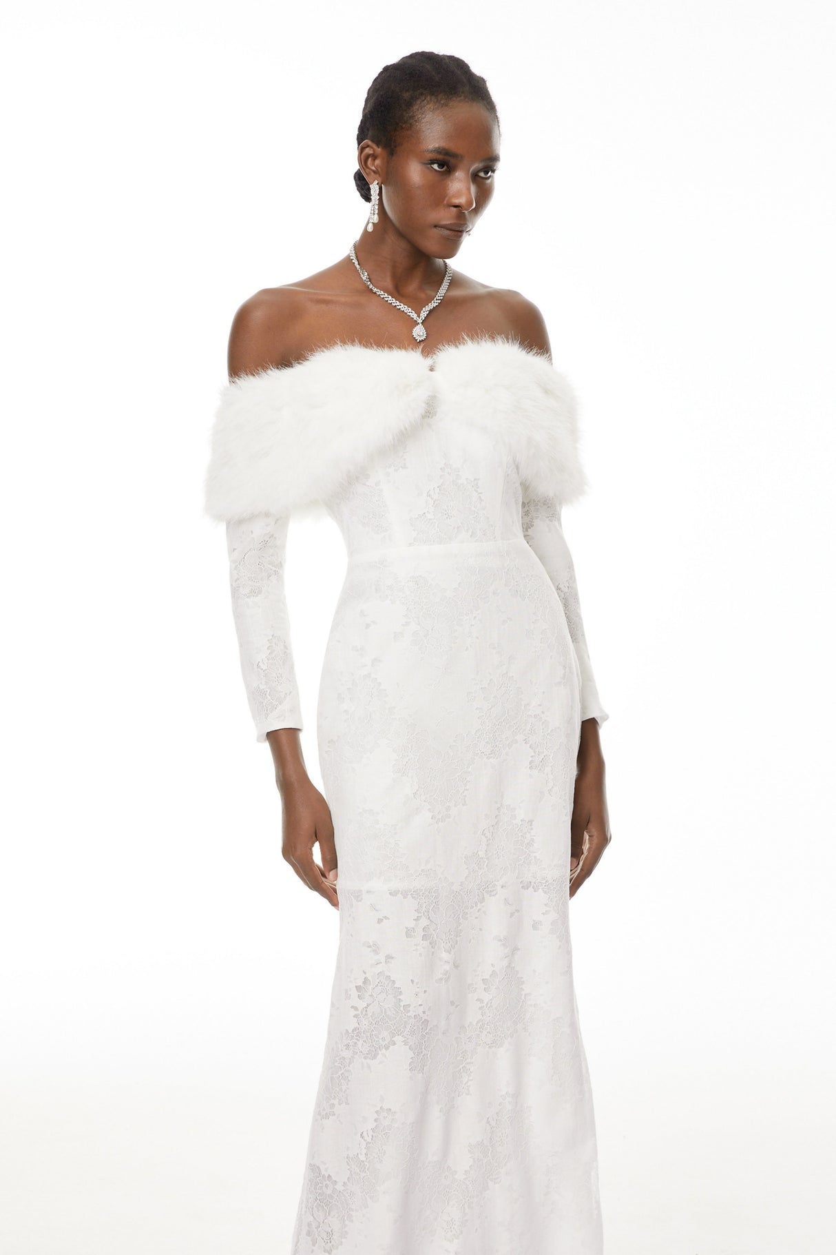 Aurohaya Susanne White Fur Trim Floral Lace Maxi Dress