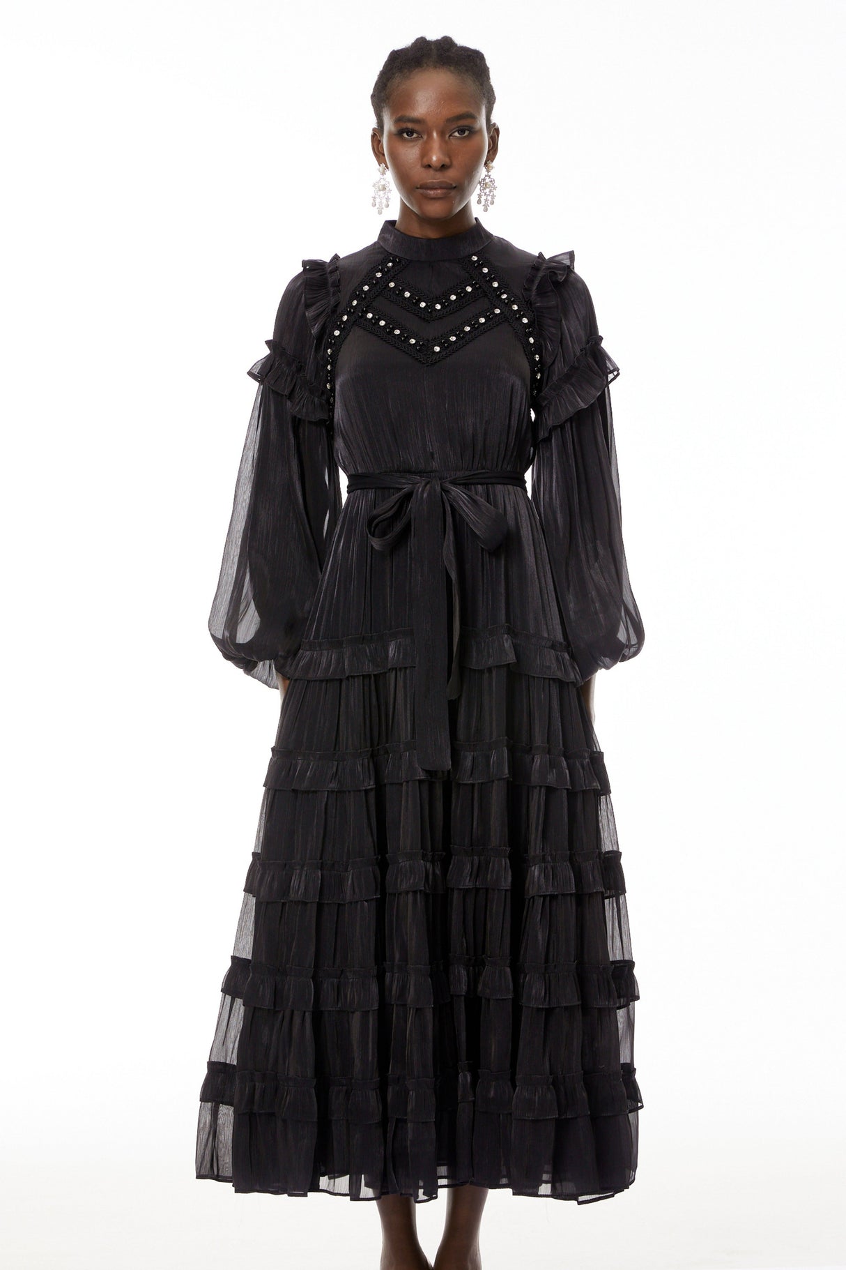 Aurohaya Suzanne Black Ruffled Tiered Maxi Dress