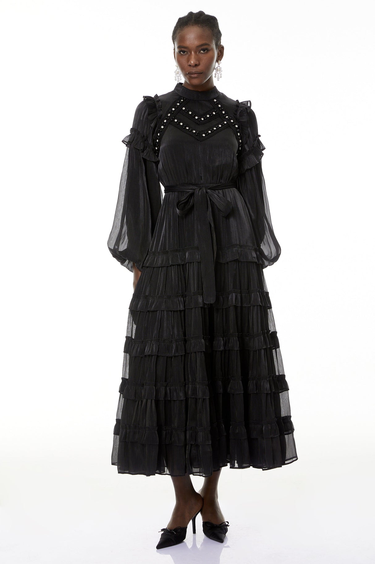 Aurohaya Suzanne Black Ruffled Tiered Maxi Dress