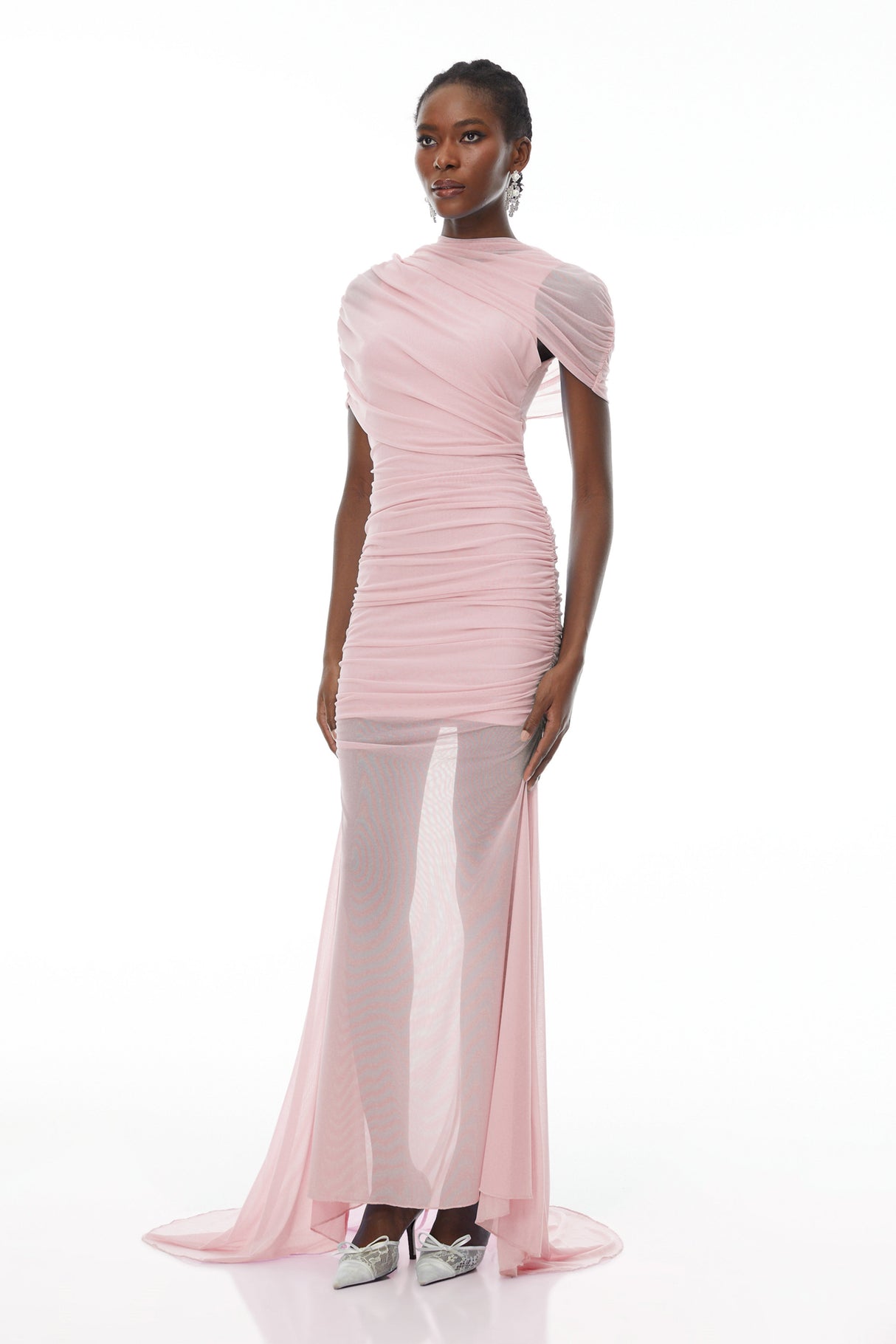 Aurohaya Sylphe Pink Asymmetrical Ruched Mesh Maxi Dress
