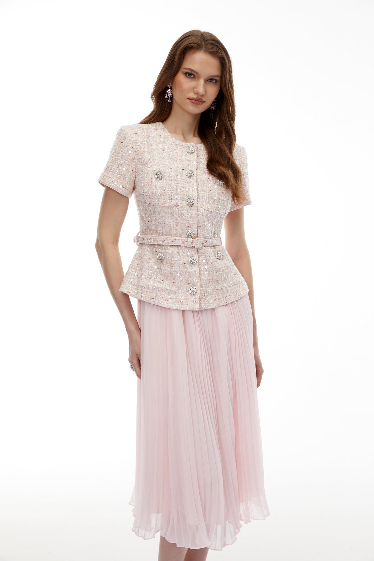 Aurohaya Tahmineh Pink Tweed Pleated Midi Dress
