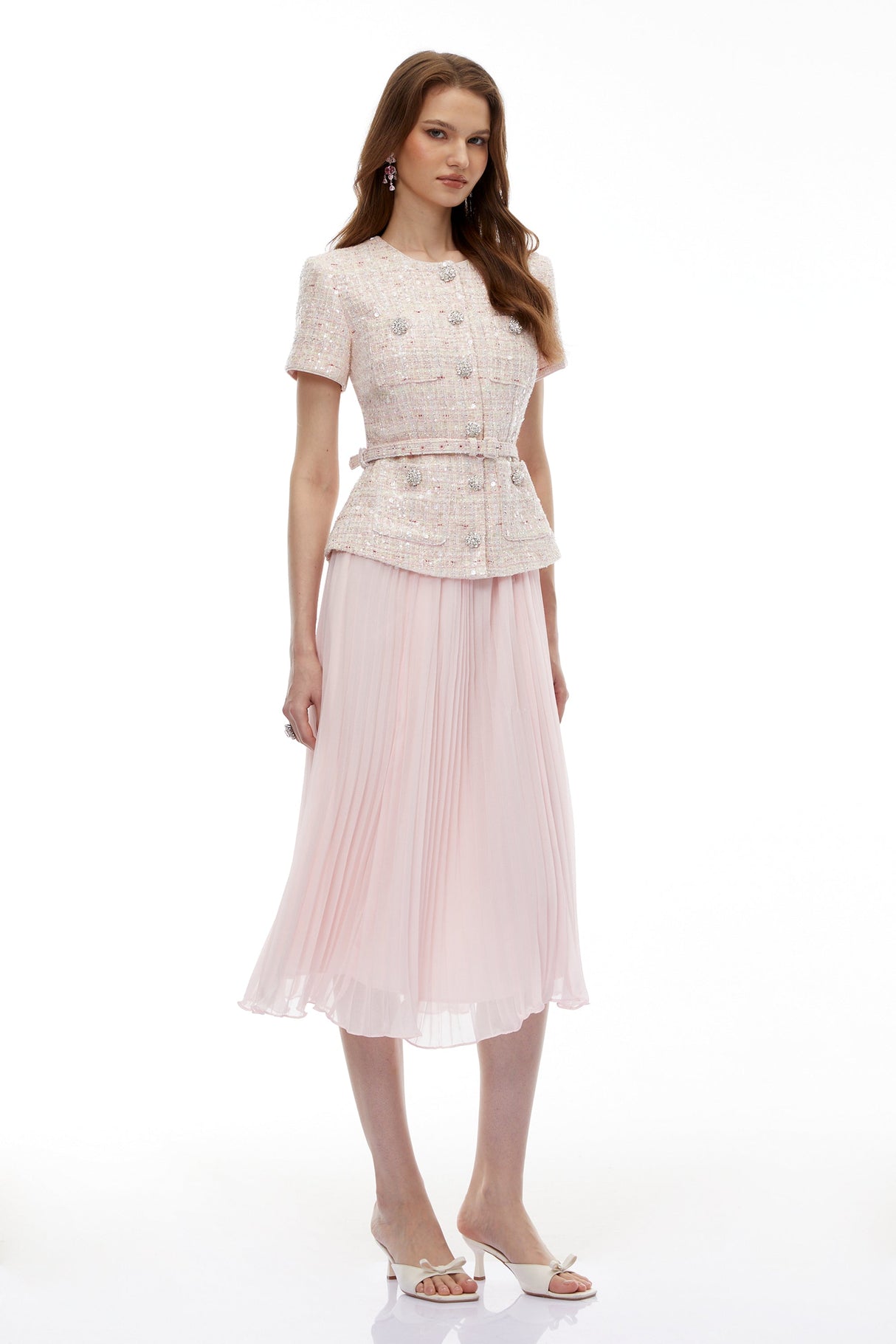 Aurohaya Tahmineh Pink Tweed Pleated Midi Dress