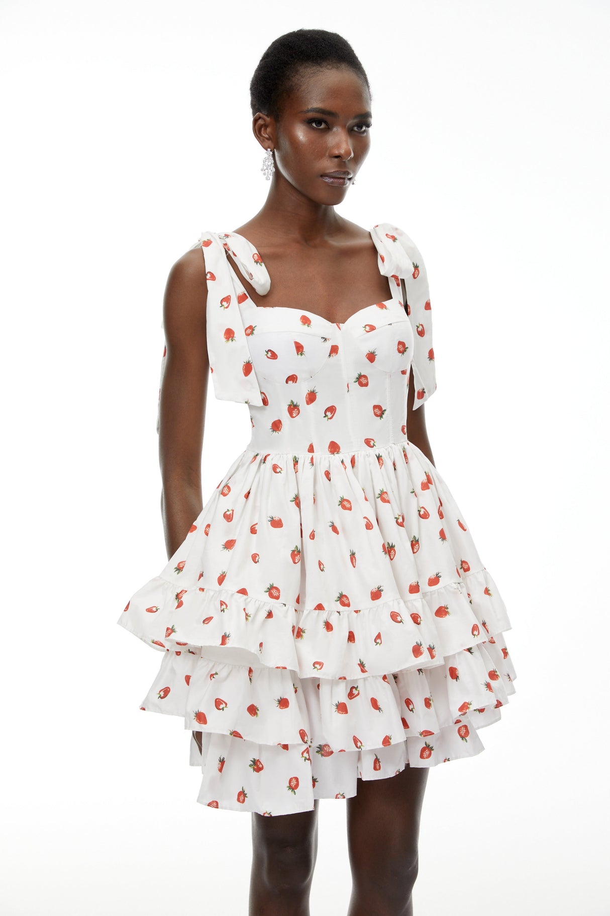 Aurohaya Tamara White Strawberry Print Tiered Mini Dress