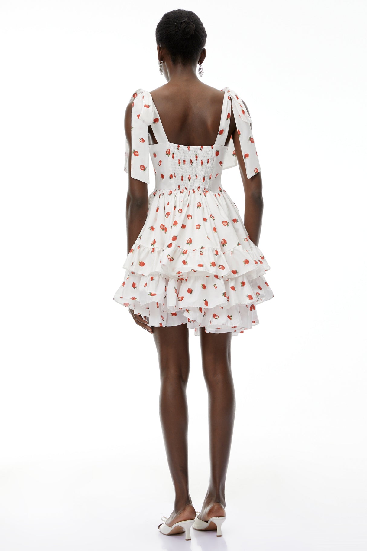Aurohaya Tamara White Strawberry Print Tiered Mini Dress