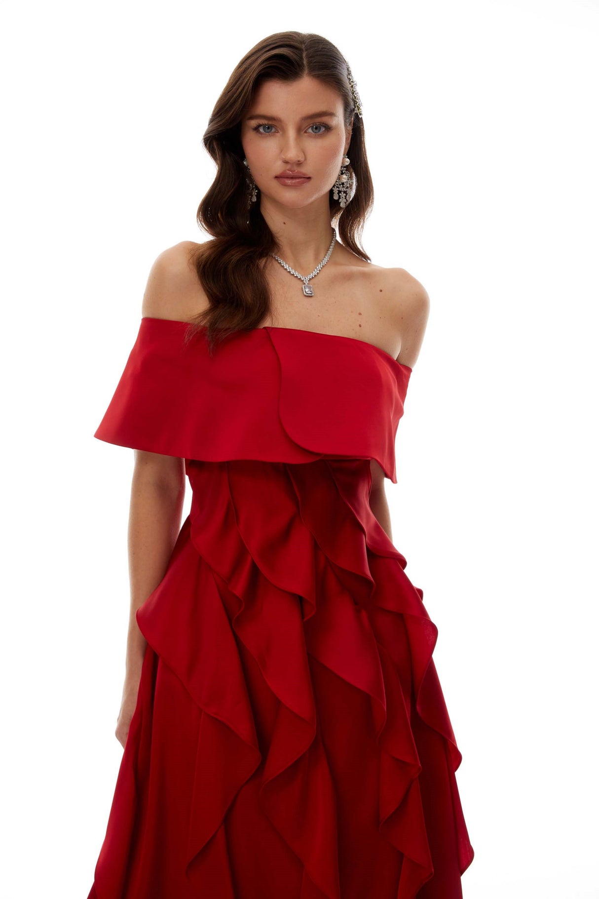 Aurohaya Tarjei Red Off-Shoulder Ruffled Midi Dress