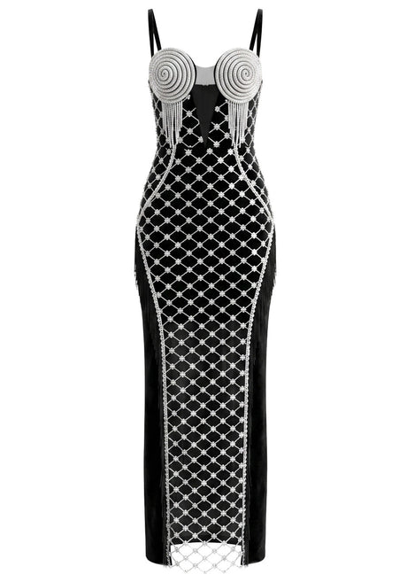 Tassel Bustier Sequin Maxi Dress Black Silver