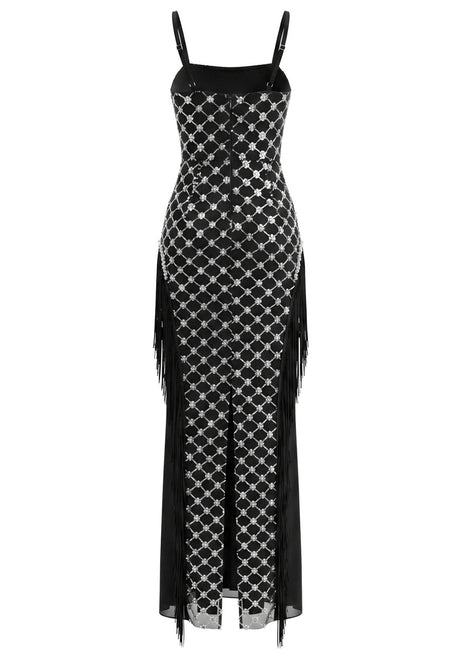 Tassel Bustier Sequin Maxi Dress Black Silver
