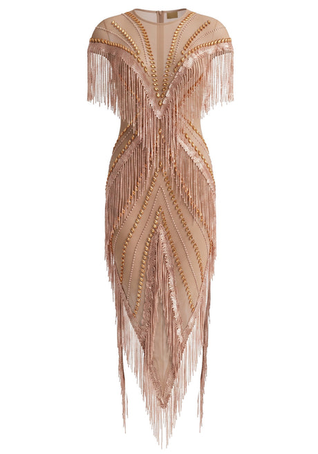 Crystal Tassel Mesh Maxi Dress Nude