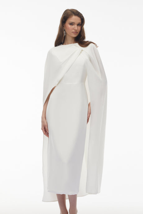 Aurohaya Tetyana White Cape Asymmetrical Midi Dress