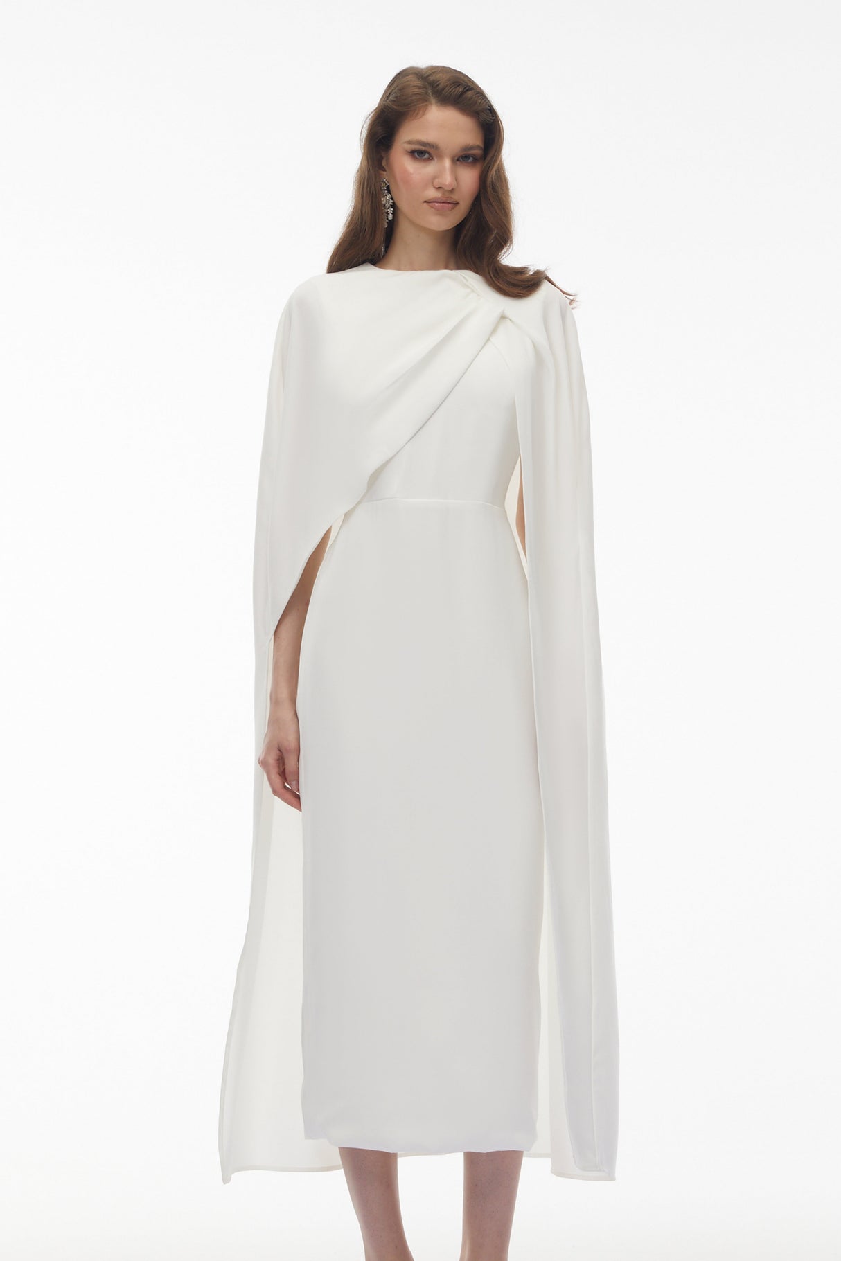 Aurohaya Tetyana White Cape Asymmetrical Midi Dress