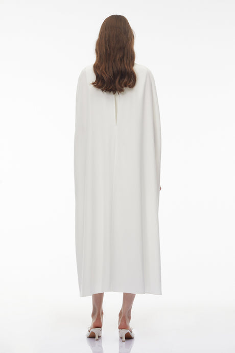 Aurohaya Tetyana White Cape Asymmetrical Midi Dress