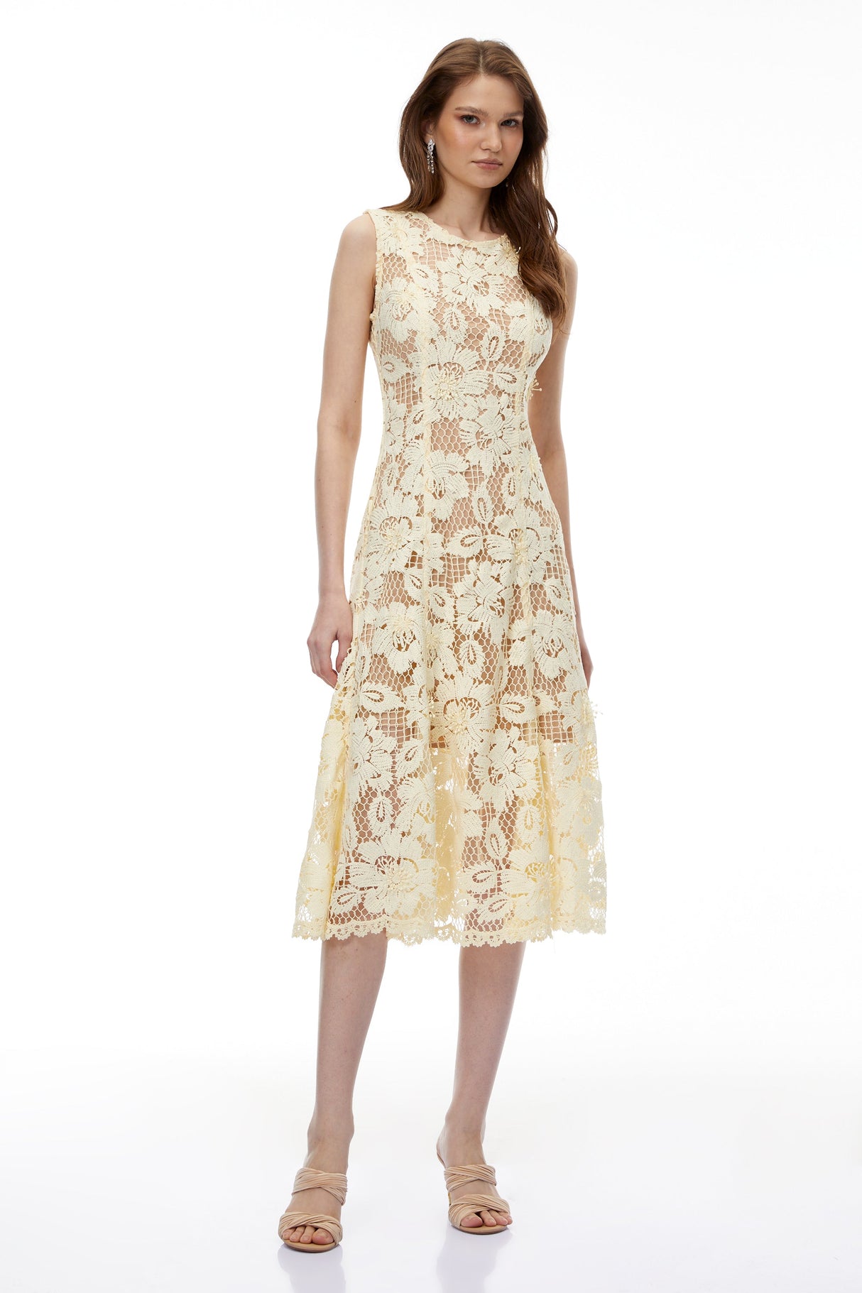 Aurohaya Thalassa Yellow Floral Lace Sleeveless Midi Dress