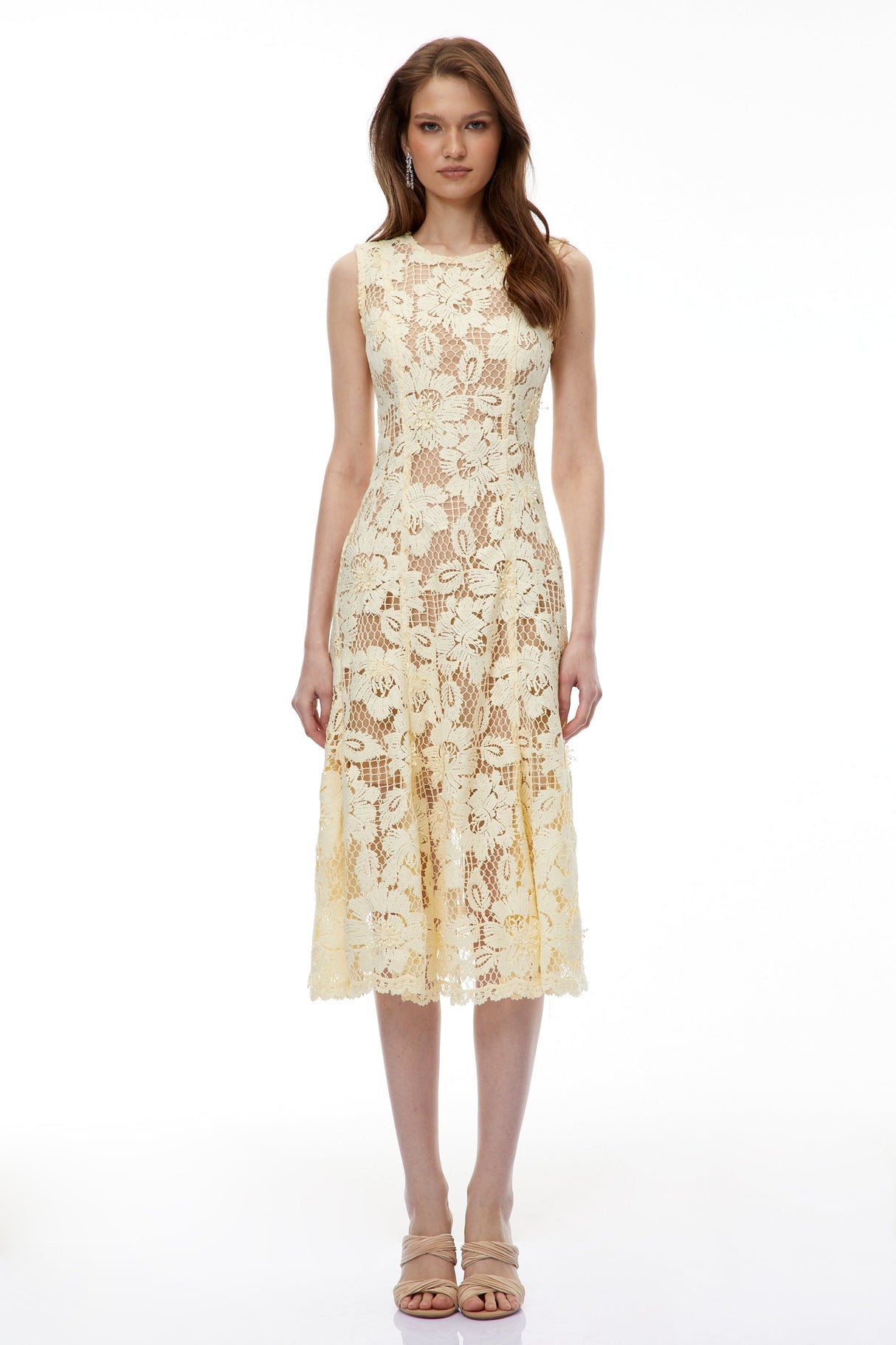 Aurohaya Thalassa Yellow Floral Lace Sleeveless Midi Dress