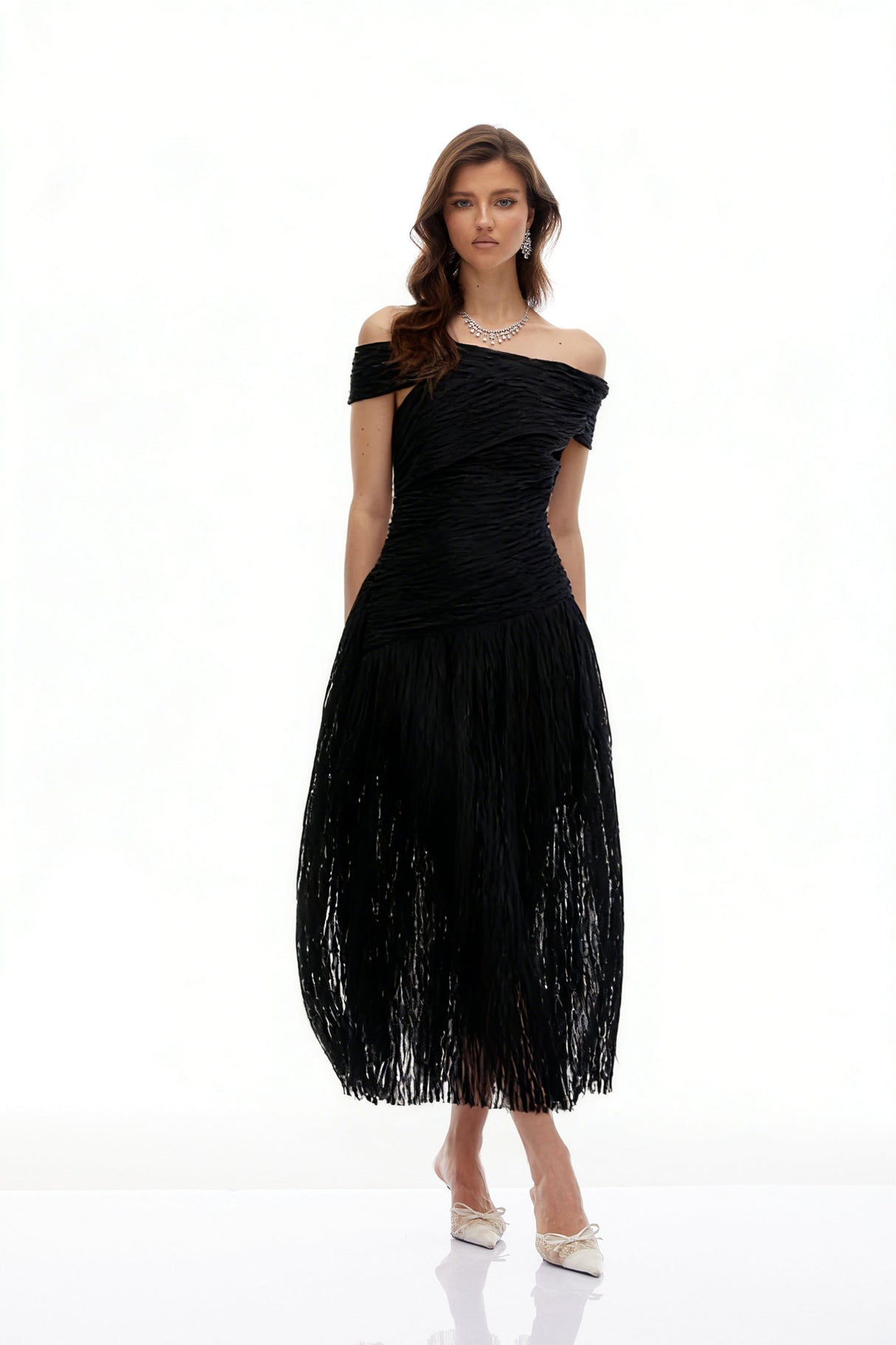 Aurohaya Thale Black Asymmetrical Textured Ruched Midi Dress