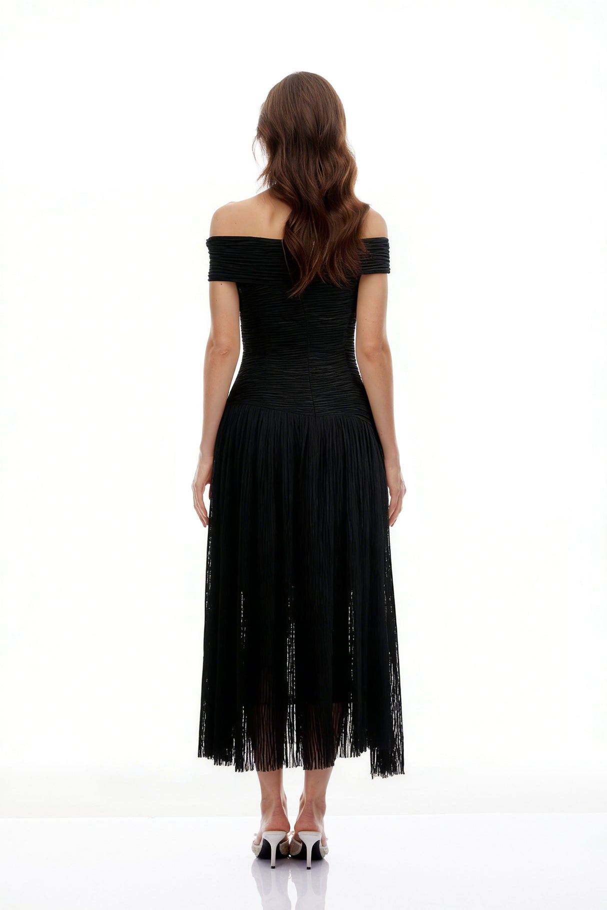 Aurohaya Thale Black Asymmetrical Textured Ruched Midi Dress