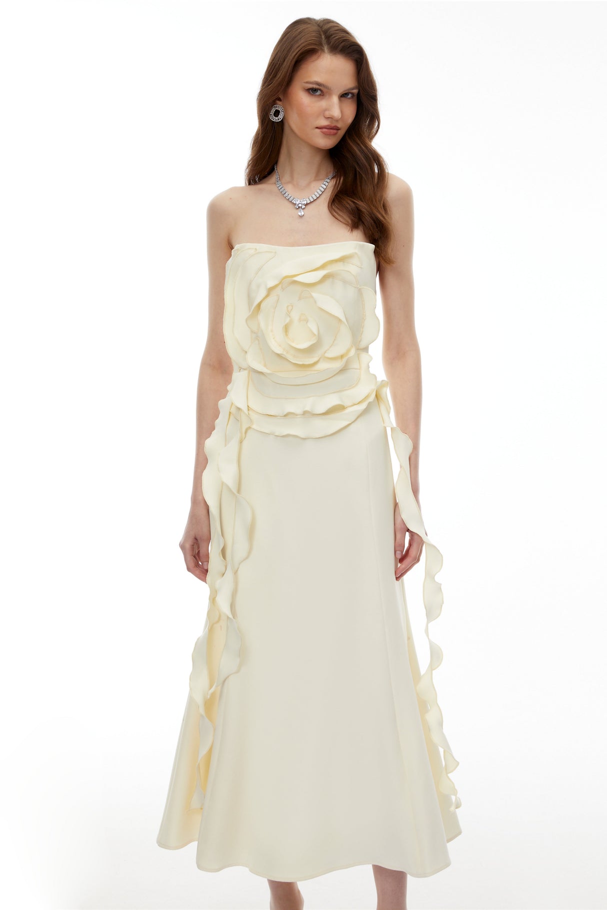 Aurohaya Theodosia Cream White Off Shoulder Maxi Dress with 3D Petals