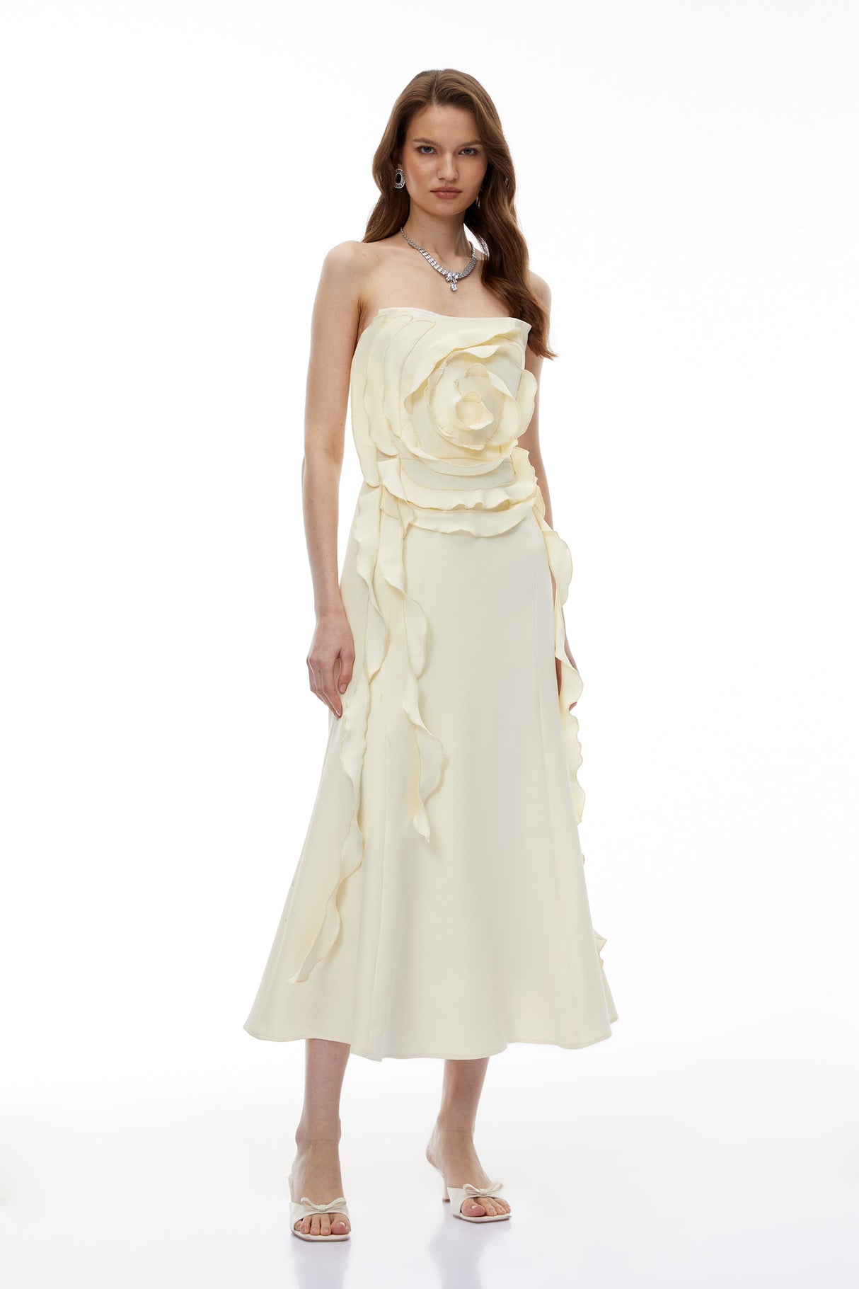 Aurohaya Theodosia Cream White Off Shoulder Maxi Dress with 3D Petals