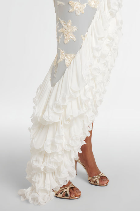 Aurohaya Théoline Neutral Asymmetrical Ruffled Floral Midi Dress