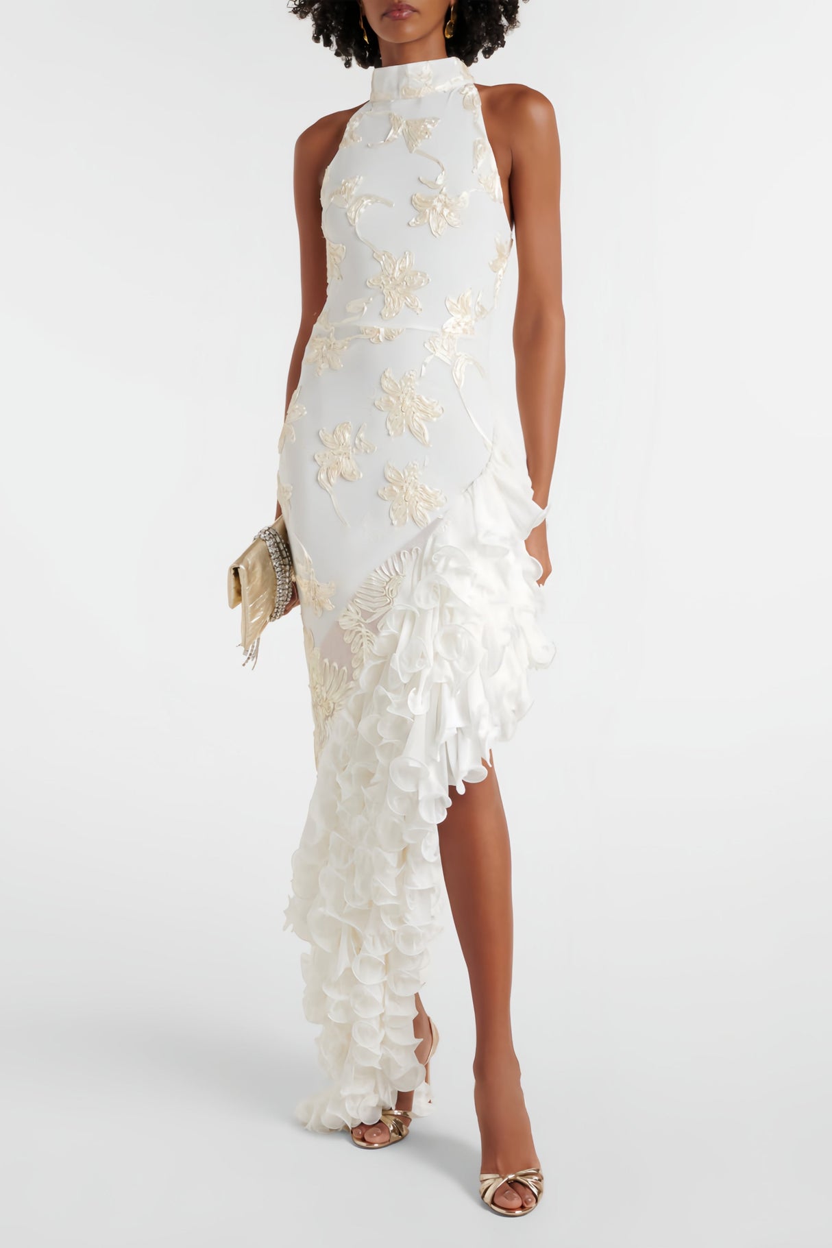 Aurohaya Théoline Neutral Asymmetrical Ruffled Floral Midi Dress