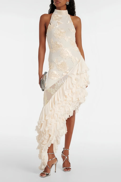 Aurohaya Théoline Neutral Asymmetrical Ruffled Floral Midi Dress